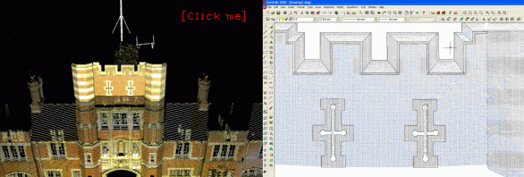 CLICK ON THE PICTURE. Terrestrial laser scan (point cloud coloured by RGB values- left hand side and right hand side,  viewed  in  AutoCAD  for  generation  of  linework)
